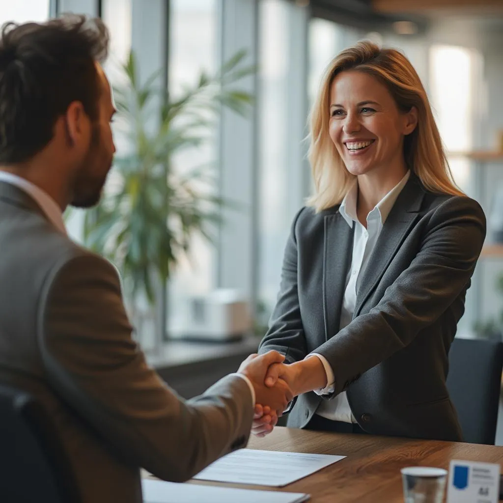 Cliente satisfecho estrechando la mano de un consultor de ConsultoríaExitosa